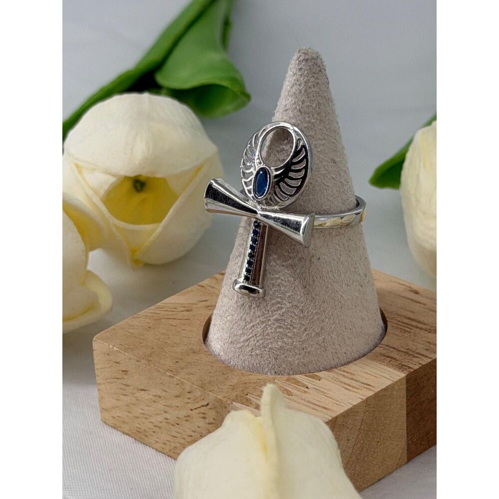 Sterling Silver Blue topaz Ankh Ring with Wings - Picture 5 of 5